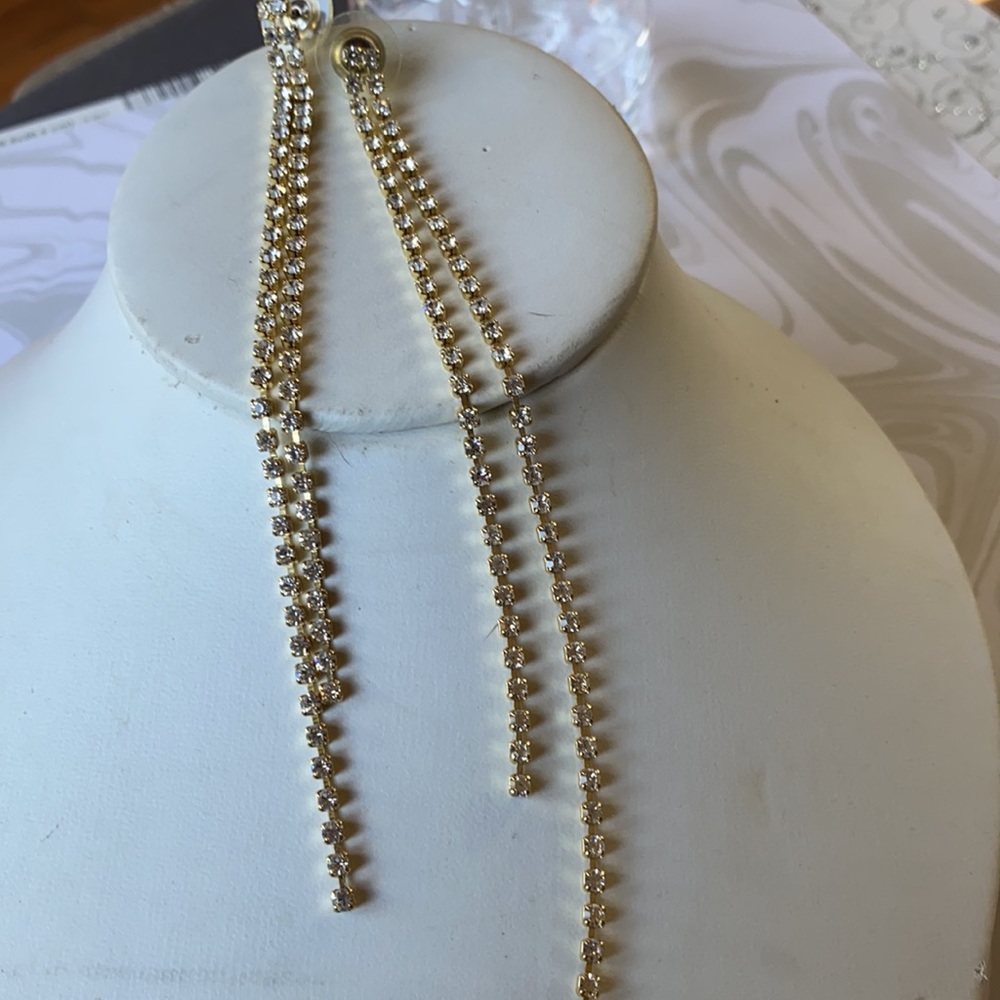 Shoulder Duster Gold Rhinestone 2 Strand Earring- Pierced/New-SALE